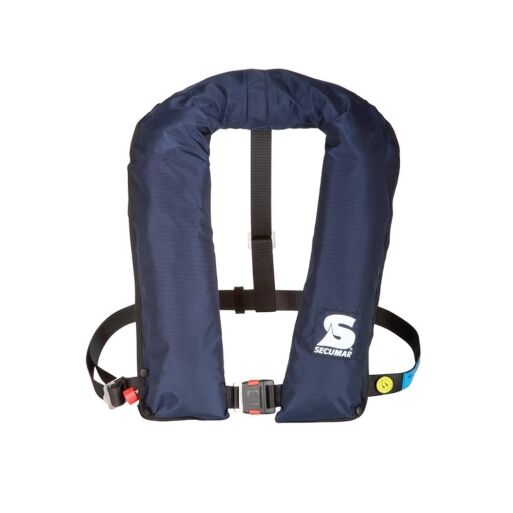 Die Secumar | Rettungsweste Golf 275 ist eine dunkelblaue aufblasbare Rettungsweste mit schwarzem Riemen, Schnalle und stromlinienförmigem Design. Sie trägt das „Secumar“-Logo auf der Unterseite und verfügt über einen roten Aktivierungsgriff für die persönliche Schwimmfähigkeit. | Schäffeler Wassersport