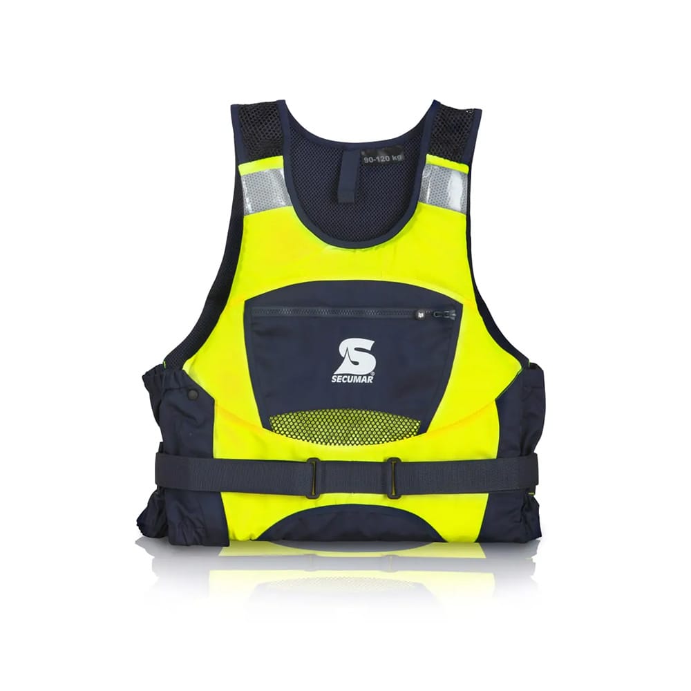 Die Secumar | Schwimmweste Jump Pro ist eine gelb-schwarze Schwimmweste mit einer zentralen Reißverschlusstasche, reflektierenden Schulterstreifen, verstellbaren Trägern und dem Markenlogo in Weiß auf der Vorderseite auf einem schlichten weißen Hintergrund. | Schäffeler Wassersport