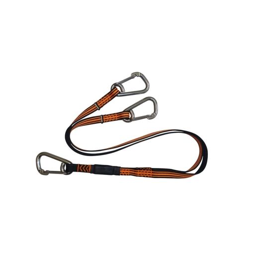 Das Secumar | Lifeline Classic ist ein Sicherheitsband mit drei Karabinern, das in Schwarz mit orangefarbenen Nähten gestaltet ist, wobei zwei Arme in Karabinern enden und das andere Ende ebenfalls durch einen Karabiner gesichert ist, um zuverlässigen Schutz zu bieten. | Schäffeler Wassersport