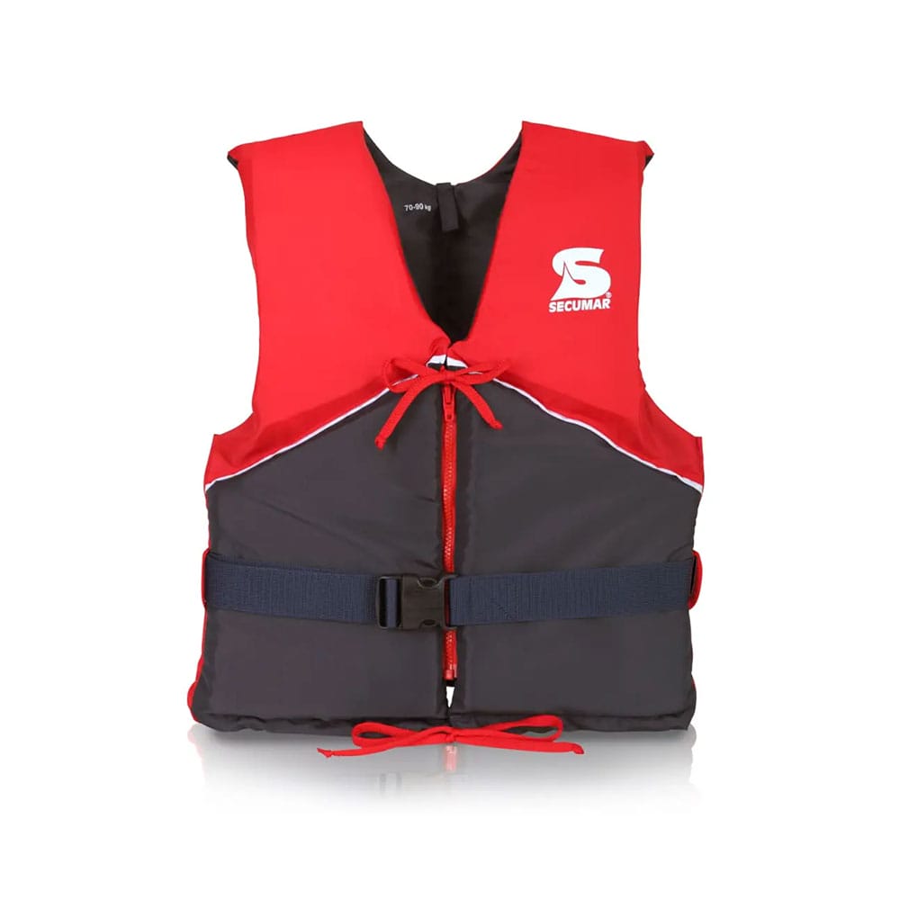 Die Secumar Schwimmweste Echo in Rot und Grau mit dem Secumar-Logo oben rechts verfügt über eine schwarze Schnalle, rote Schnürsenkel und einen verstellbaren Gürtel für Wassersicherheit mit Stil. | Schäffeler Wassersport