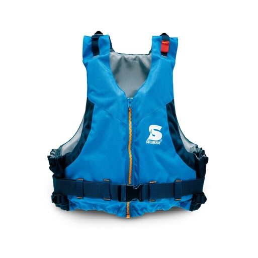 Die Secumar | Schwimmweste Camino ist eine Rettungsweste in Blau und Grau mit Frontreißverschluss, schwarzen verstellbaren Trägern und einer kleinen roten Schlaufe an der Schulter. Sie trägt das Markenlogo in Weiß. | Schäffeler Wassersport