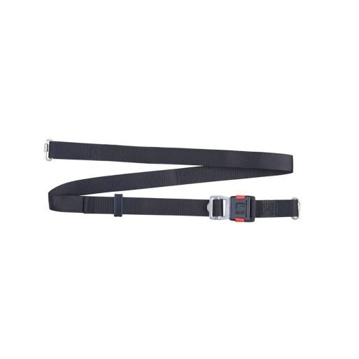 Der Secumar | Schrittgurt 2K Click 30 ist ein schwarzer verstellbarer Gurt mit silberner Schnalle und roten Akzenten, der zum Sichern von Gegenständen konzipiert ist und ausgezogen und flach auf weißem Hintergrund gezeigt wird. | Schäffeler Wassersport